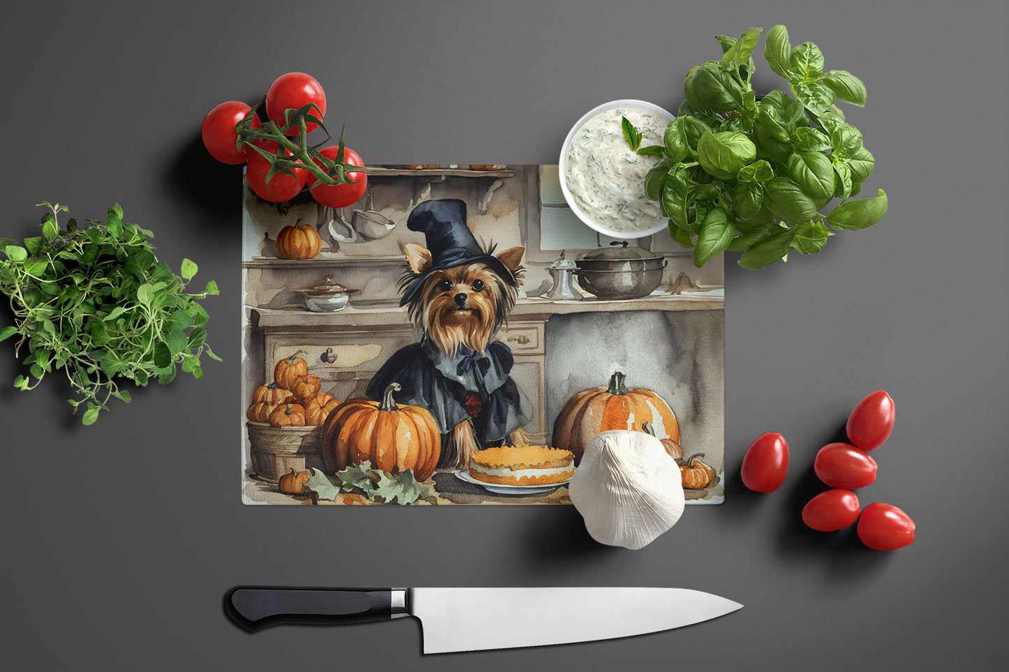 Yorkie Fall Kitchen Pumpkins Glass Cutting Board