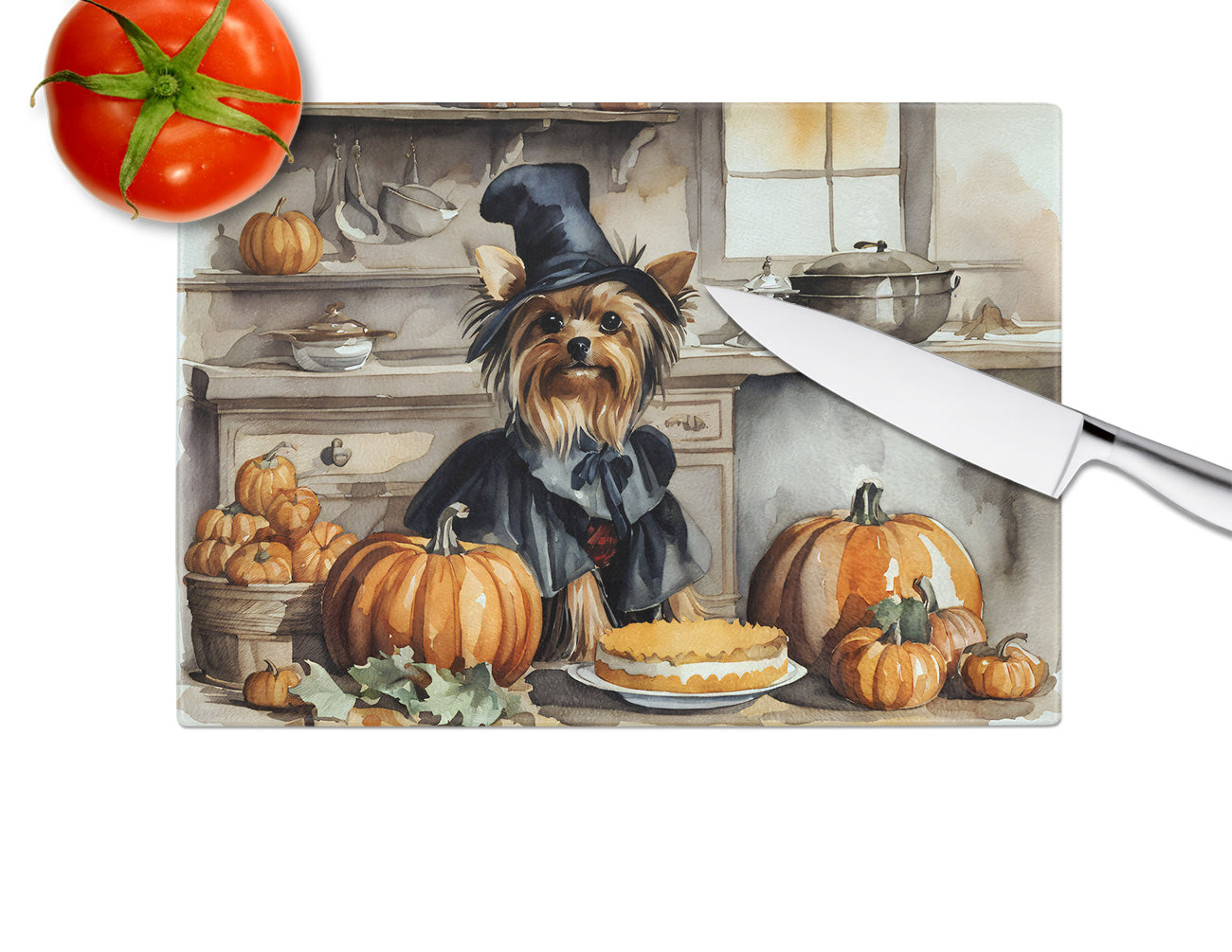 Yorkie Fall Kitchen Pumpkins Glass Cutting Board