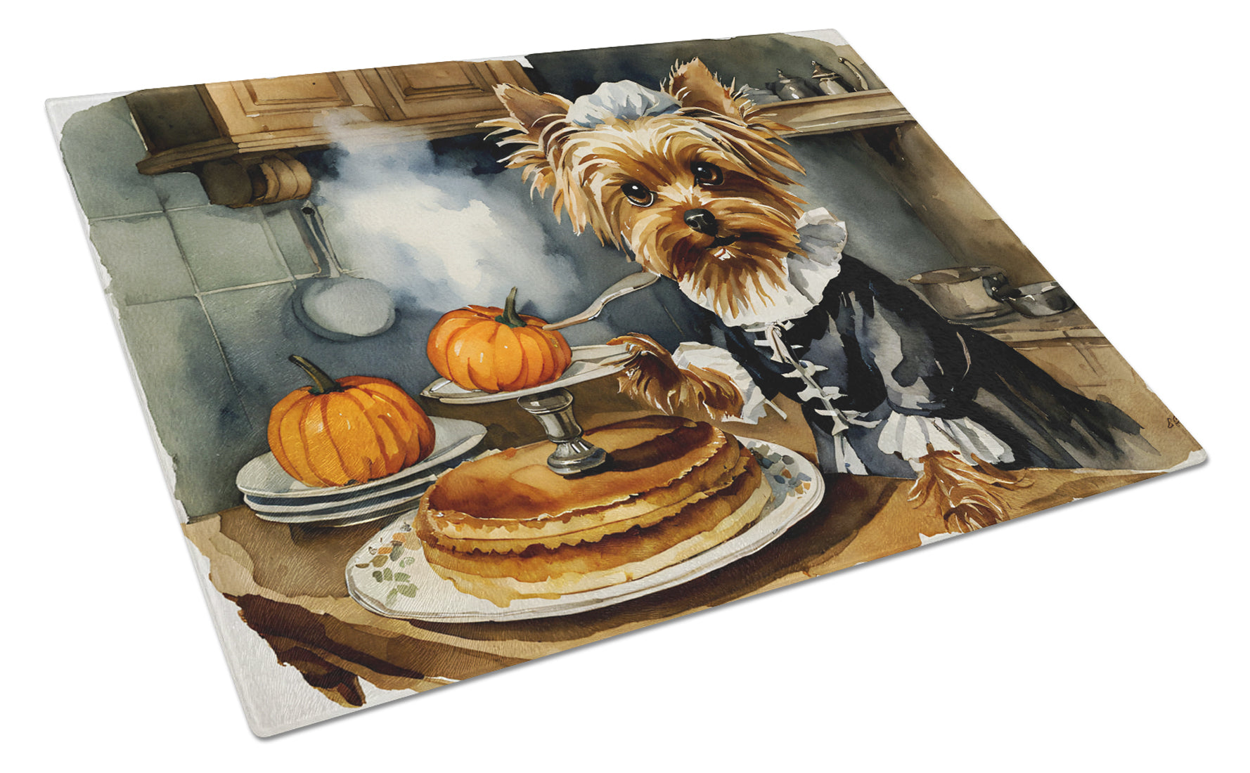 Buy this Yorkie Fall Kitchen Pumpkins Glass Cutting Board