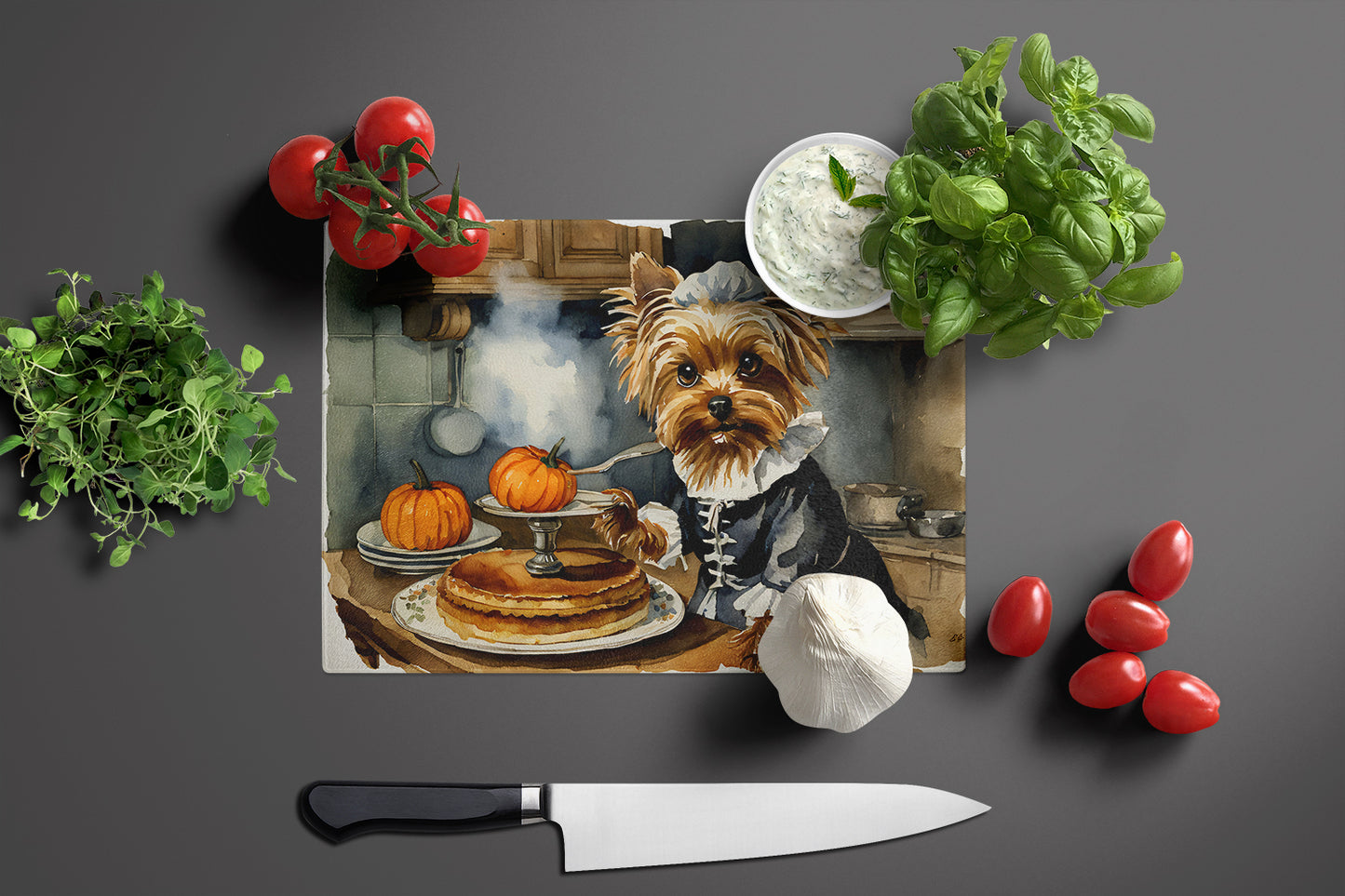 Yorkie Fall Kitchen Pumpkins Glass Cutting Board