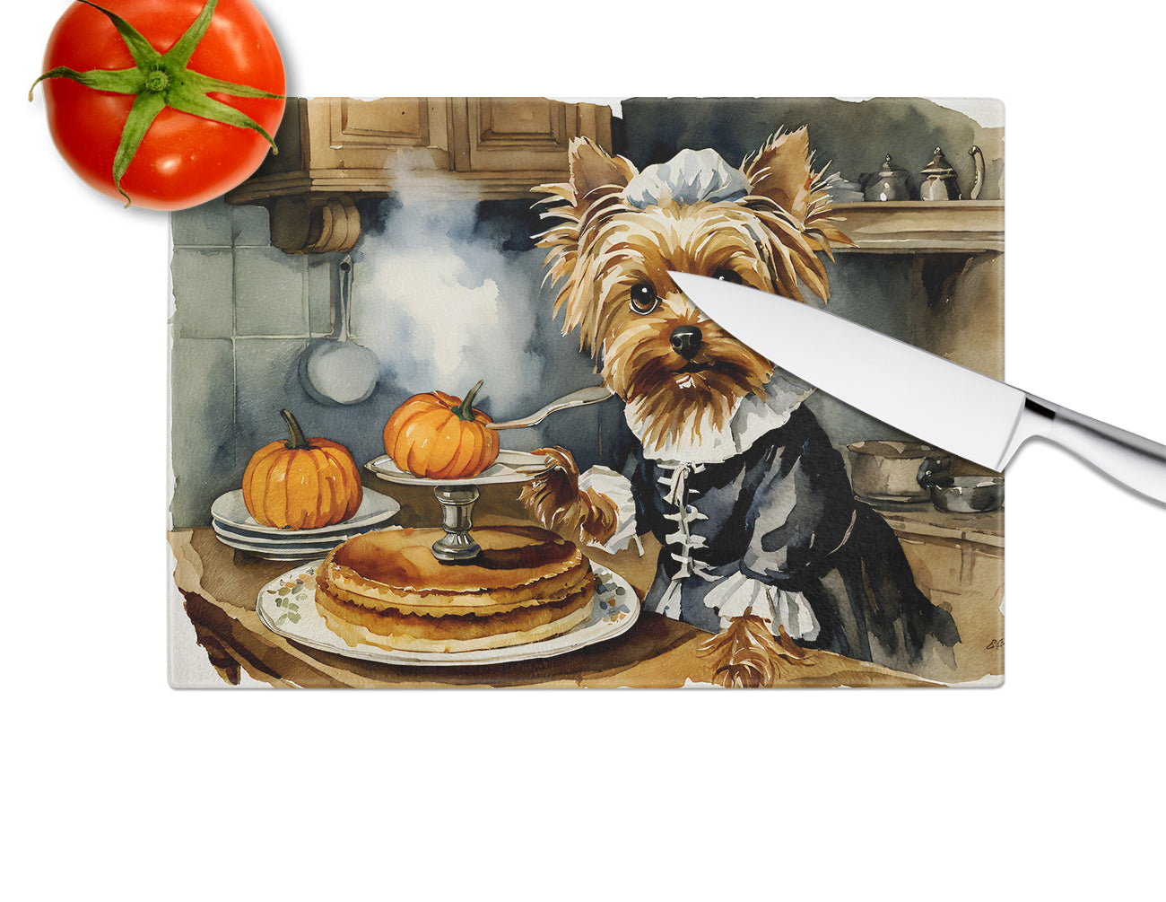 Yorkie Fall Kitchen Pumpkins Glass Cutting Board