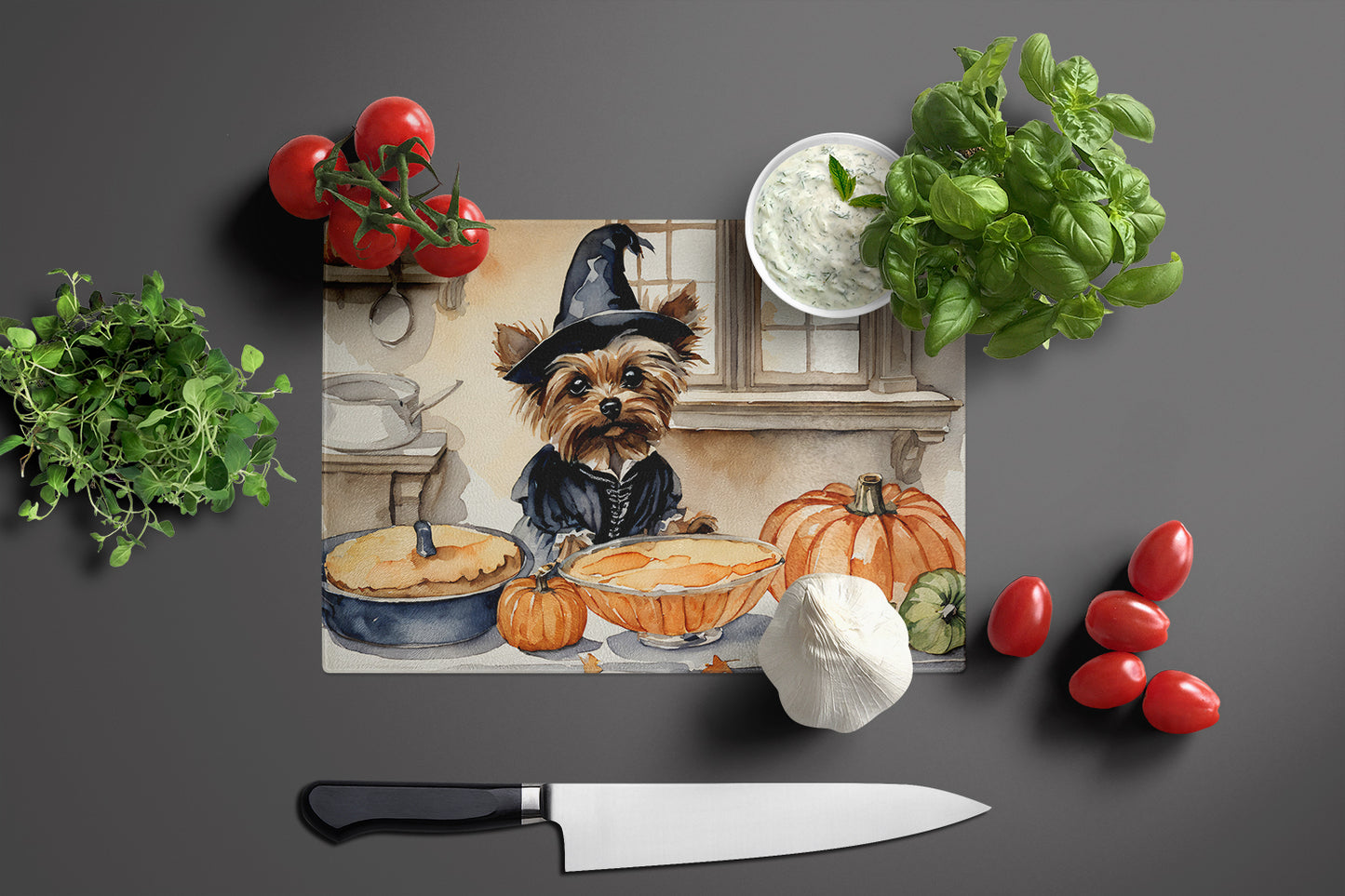 Yorkie Fall Kitchen Pumpkins Glass Cutting Board