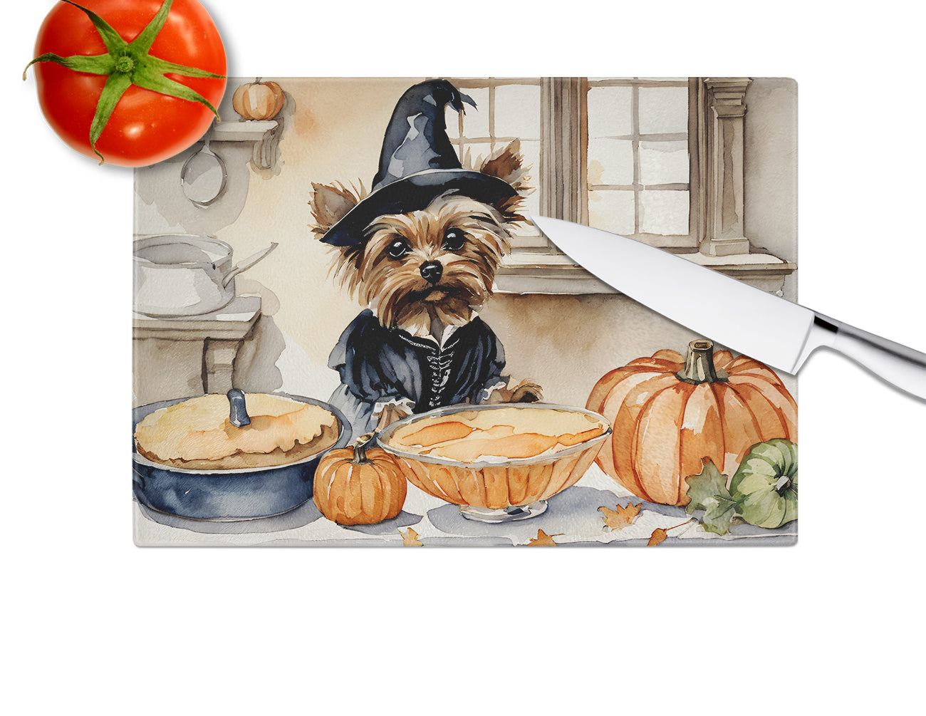 Yorkie Fall Kitchen Pumpkins Glass Cutting Board