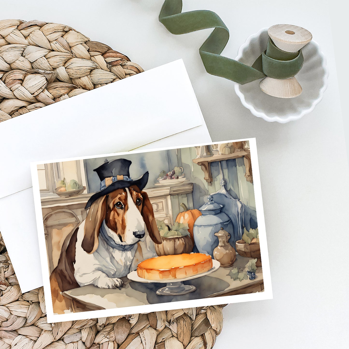 Basset Hound Fall Kitchen Pumpkins Greeting Cards Pack of 8