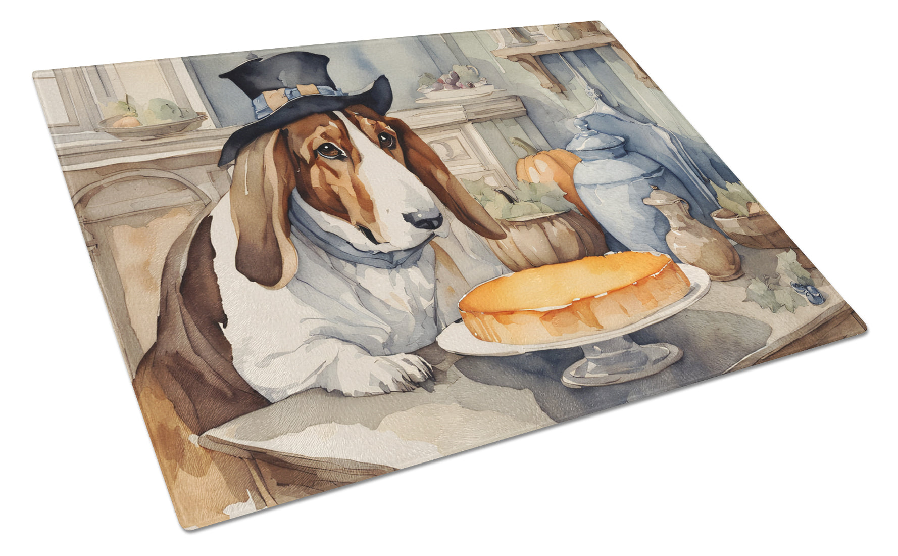 Buy this Basset Hound Fall Kitchen Pumpkins Glass Cutting Board