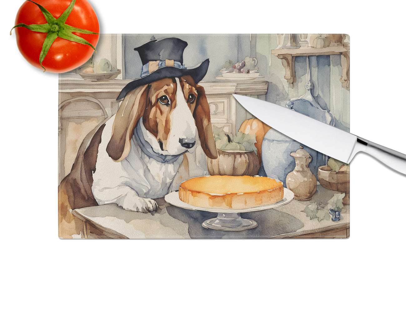 Basset Hound Fall Kitchen Pumpkins Glass Cutting Board