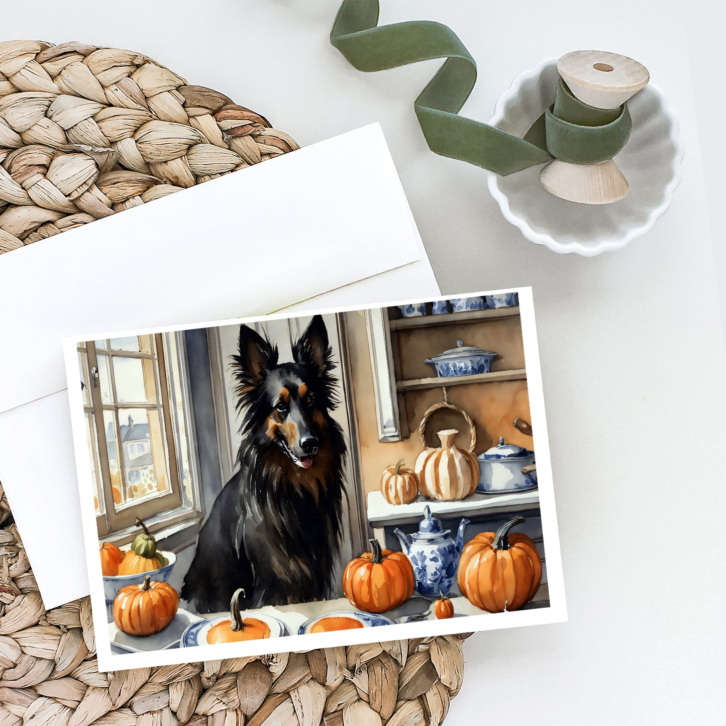 Belgian Sheepdog Fall Kitchen Pumpkins Greeting Cards Pack of 8
