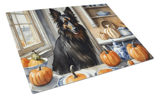 Buy this Belgian Sheepdog Fall Kitchen Pumpkins Glass Cutting Board