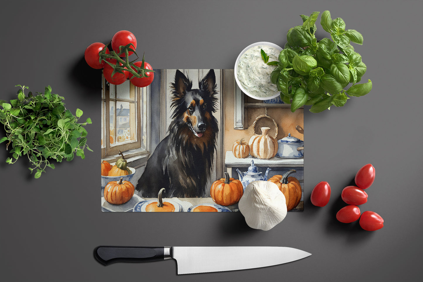 Belgian Sheepdog Fall Kitchen Pumpkins Glass Cutting Board
