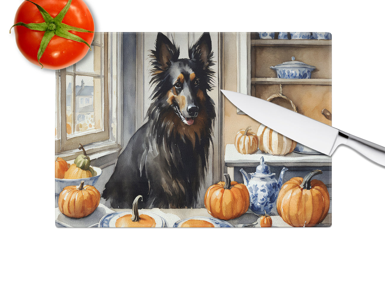 Belgian Sheepdog Fall Kitchen Pumpkins Glass Cutting Board