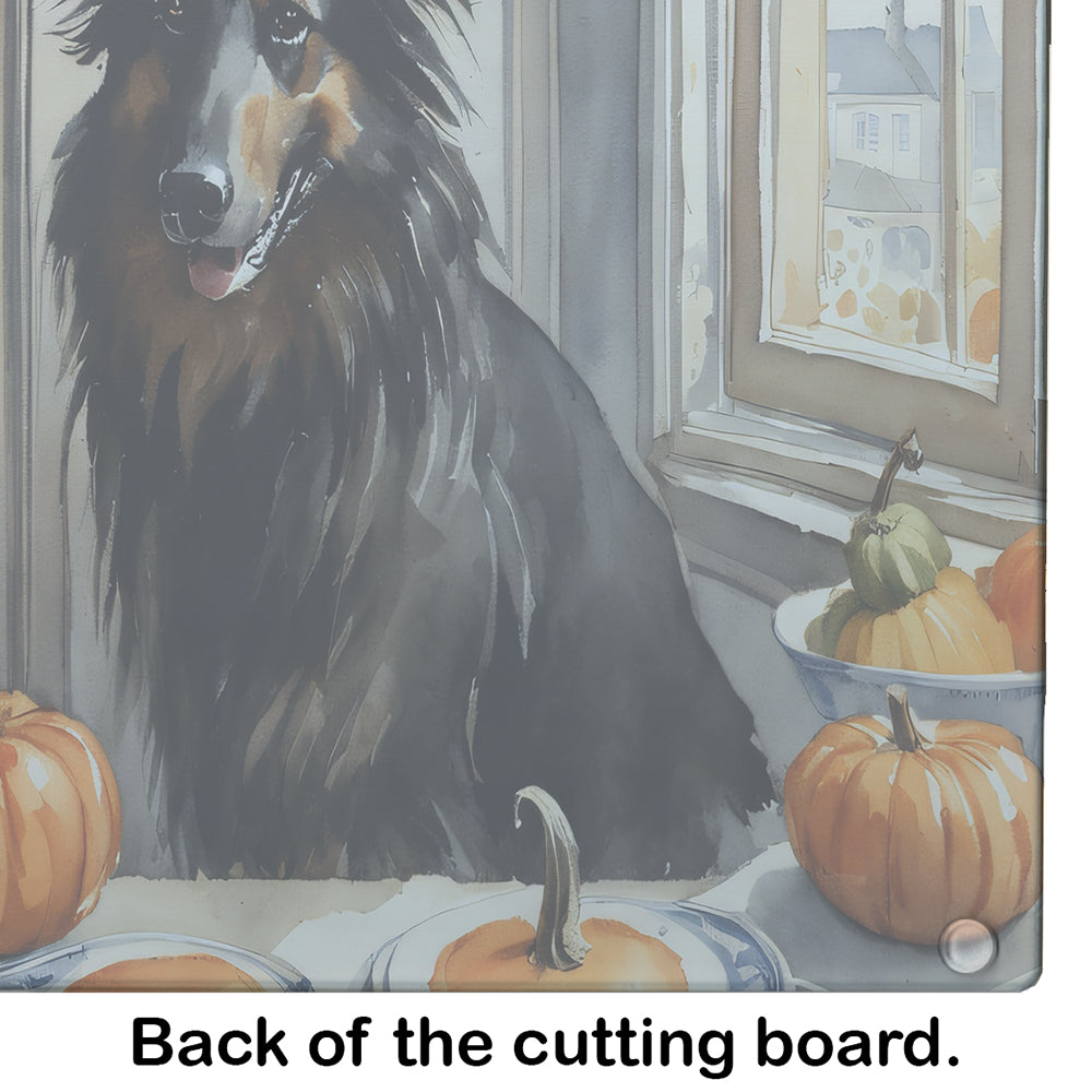 Belgian Sheepdog Fall Kitchen Pumpkins Glass Cutting Board