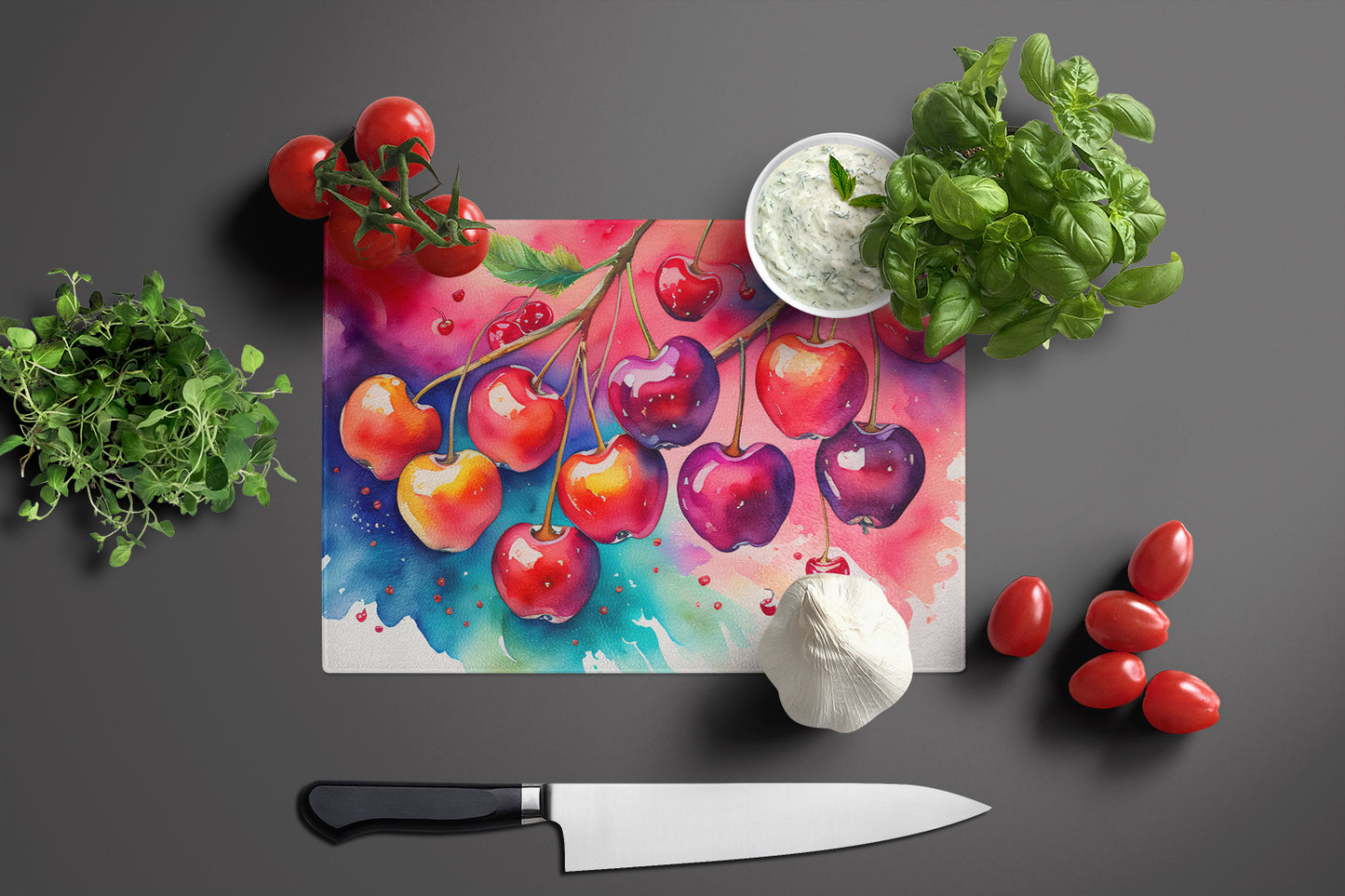 Colorful Cherries Glass Cutting Board