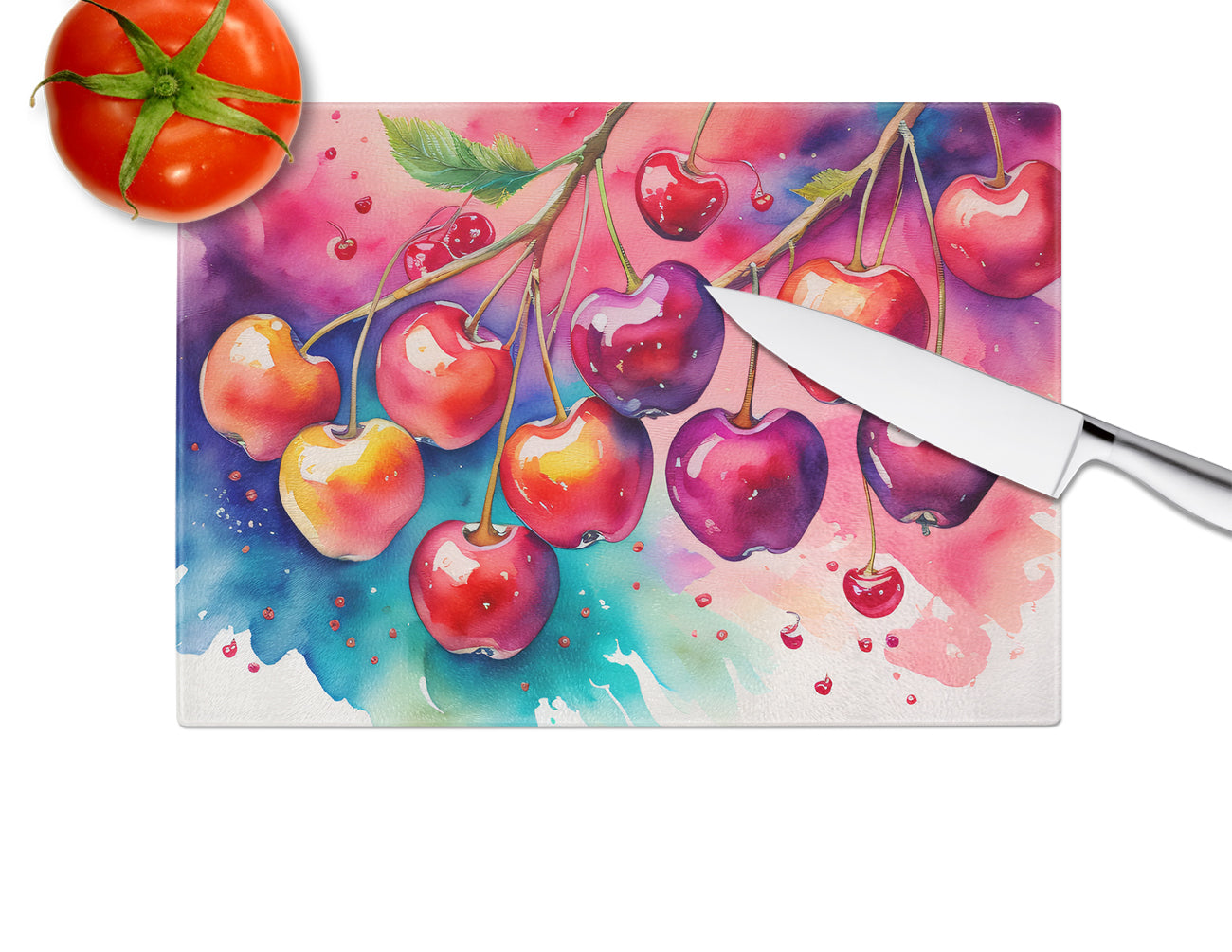 Colorful Cherries Glass Cutting Board