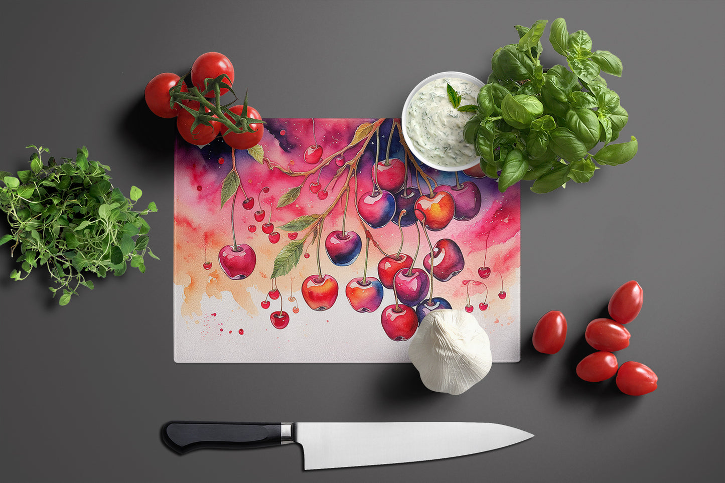 Colorful Cherries Glass Cutting Board