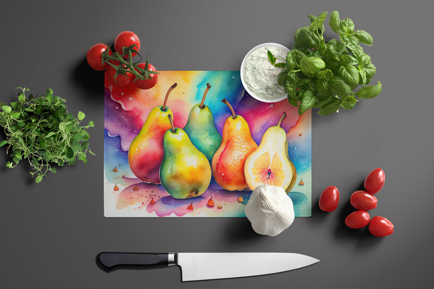 Colorful Pears Glass Cutting Board