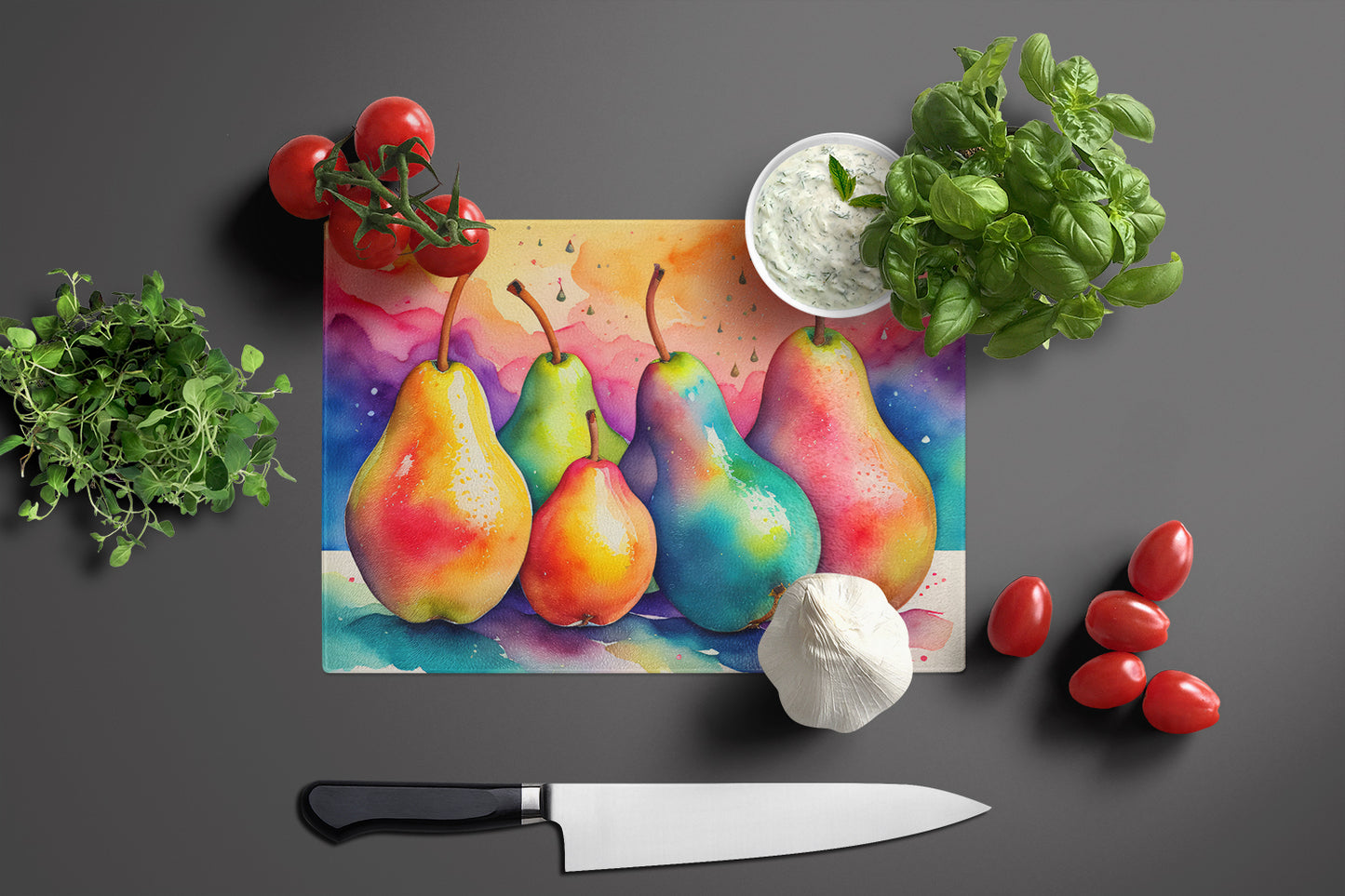 Colorful Pears Glass Cutting Board