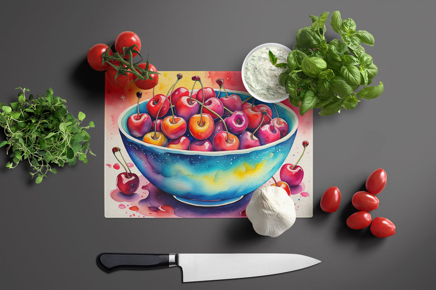 Colorful Cherries Glass Cutting Board