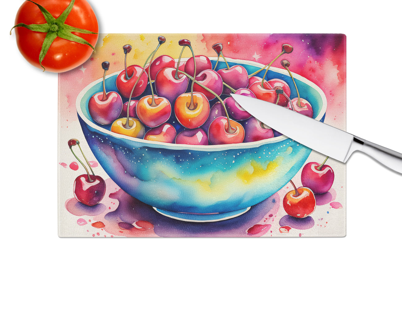 Colorful Cherries Glass Cutting Board