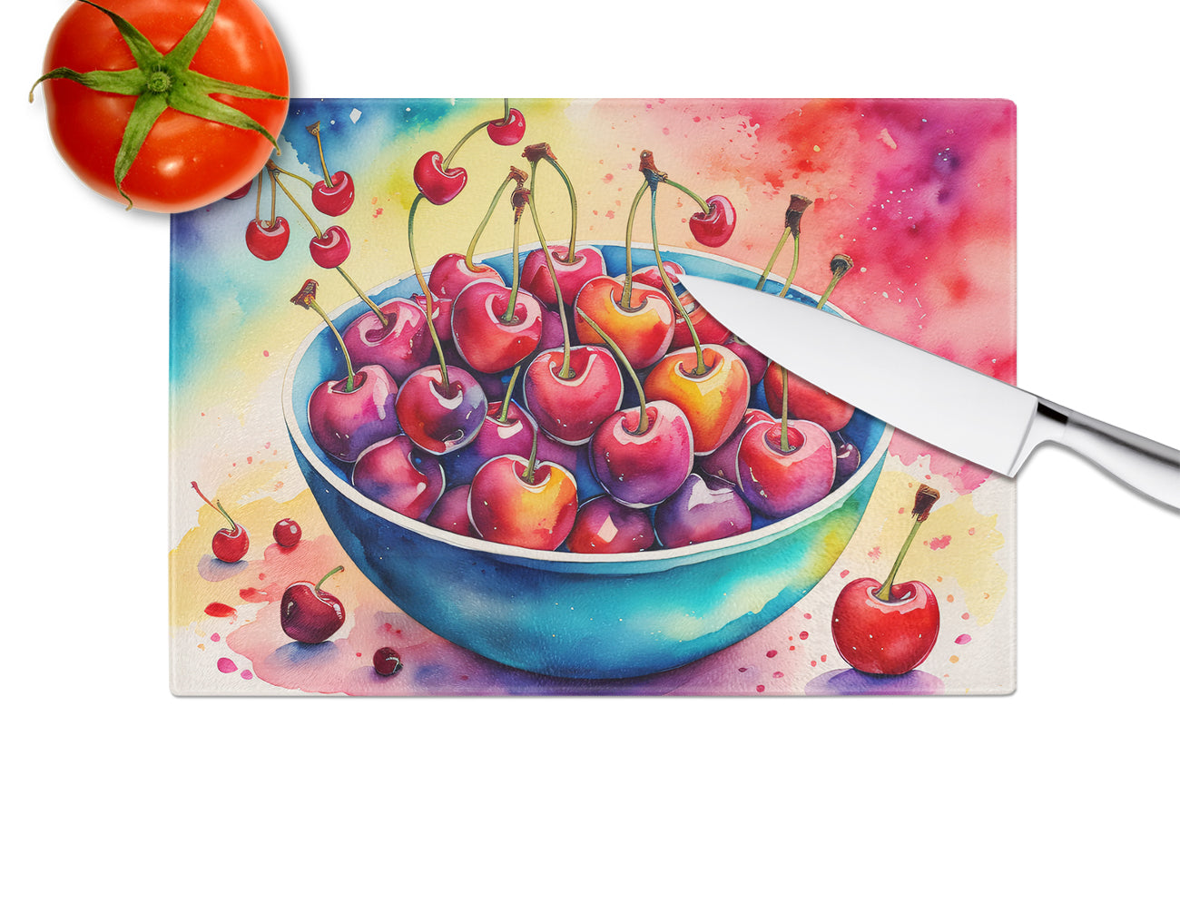 Colorful Cherries Glass Cutting Board