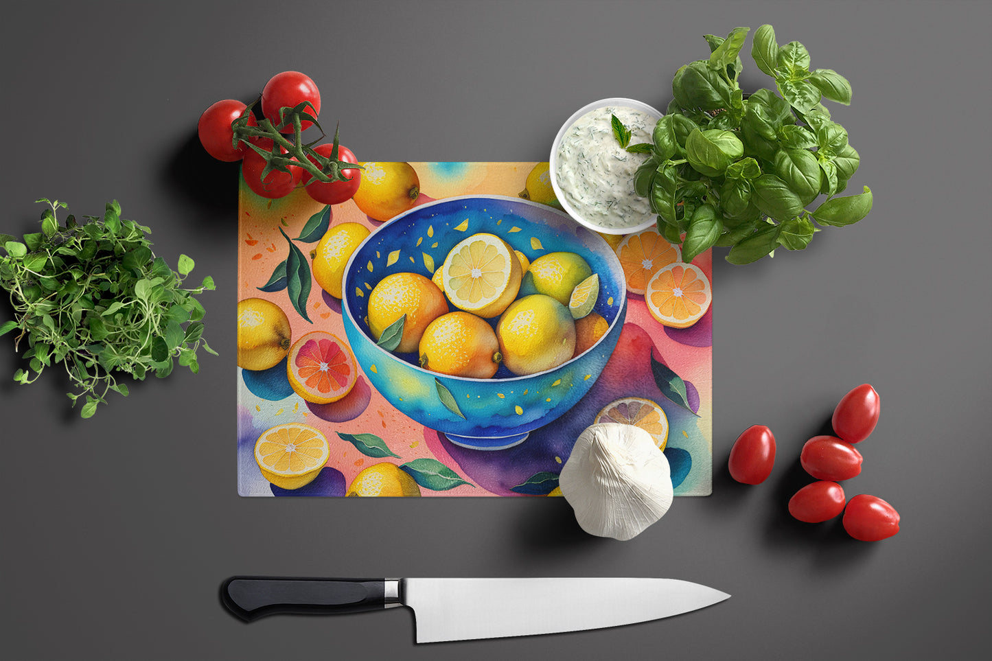 Colorful Lemons Glass Cutting Board