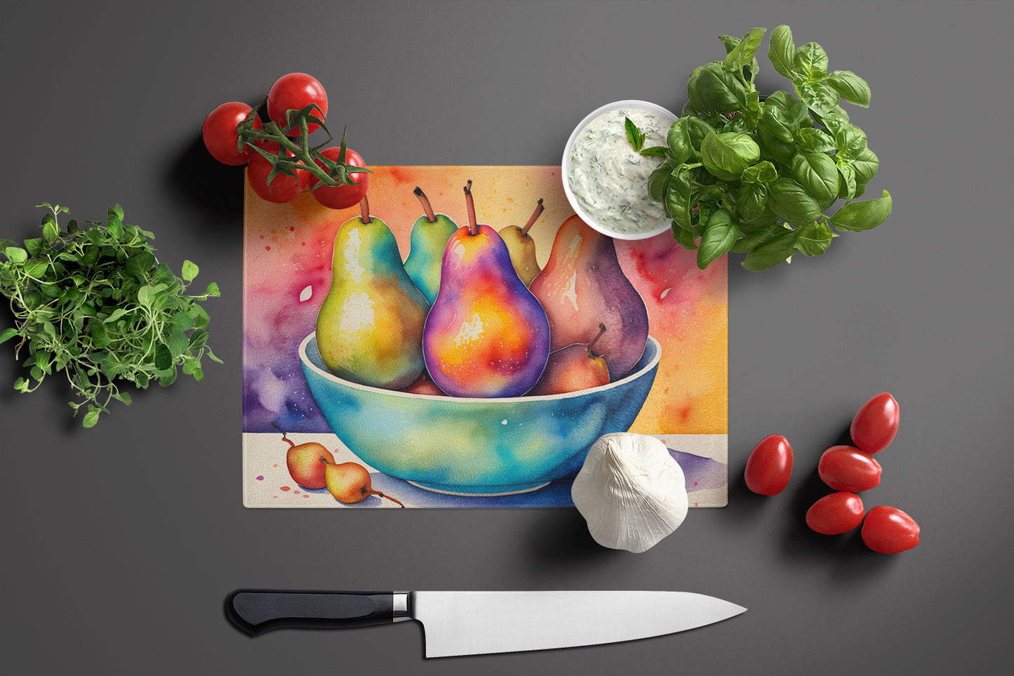 Colorful Pears Glass Cutting Board