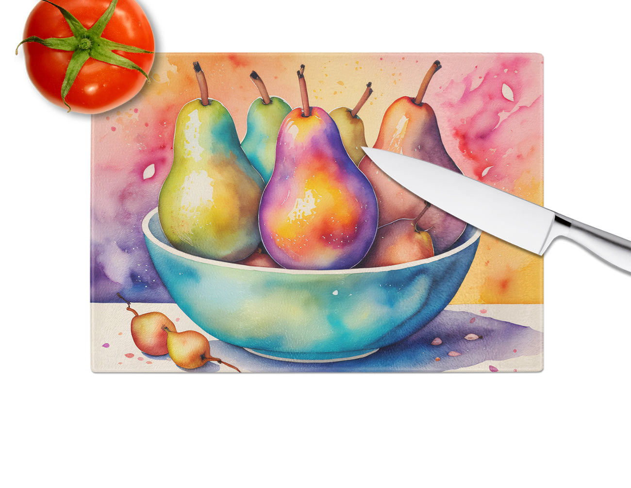 Colorful Pears Glass Cutting Board