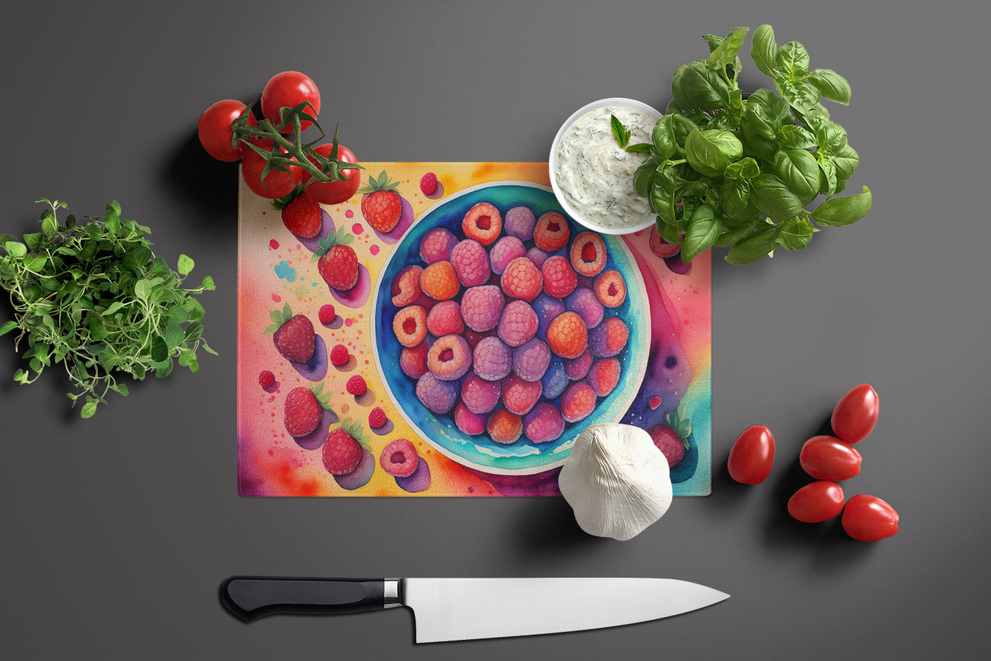 Colorful Raspberries Glass Cutting Board