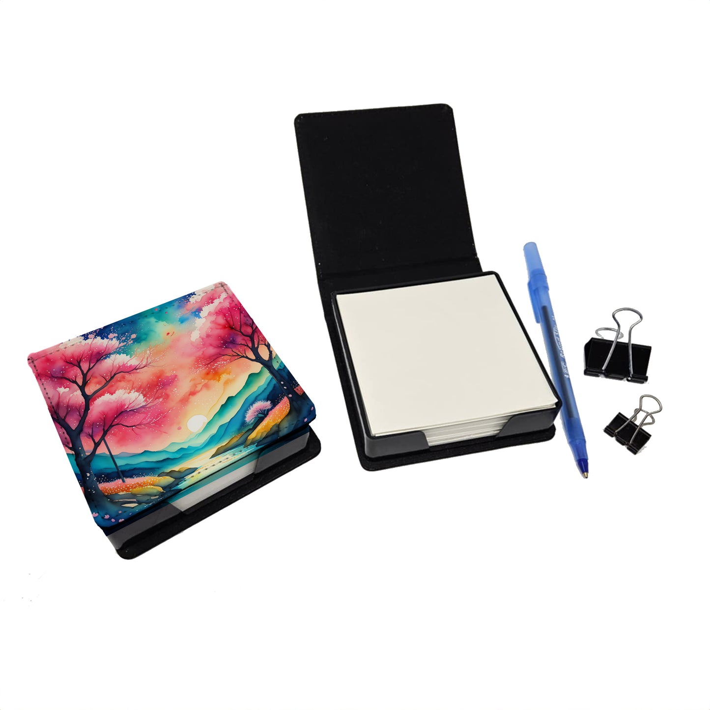 Colorful Cherry Blossoms PU Leather Note Paper Holder