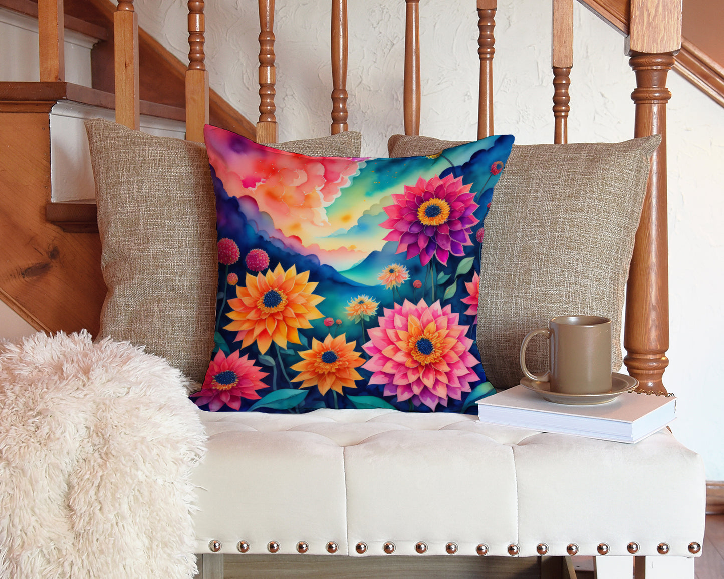 Colorful Dahlias Throw Pillow