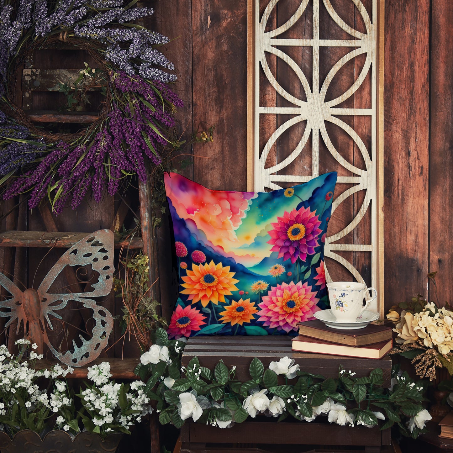 Colorful Dahlias Throw Pillow