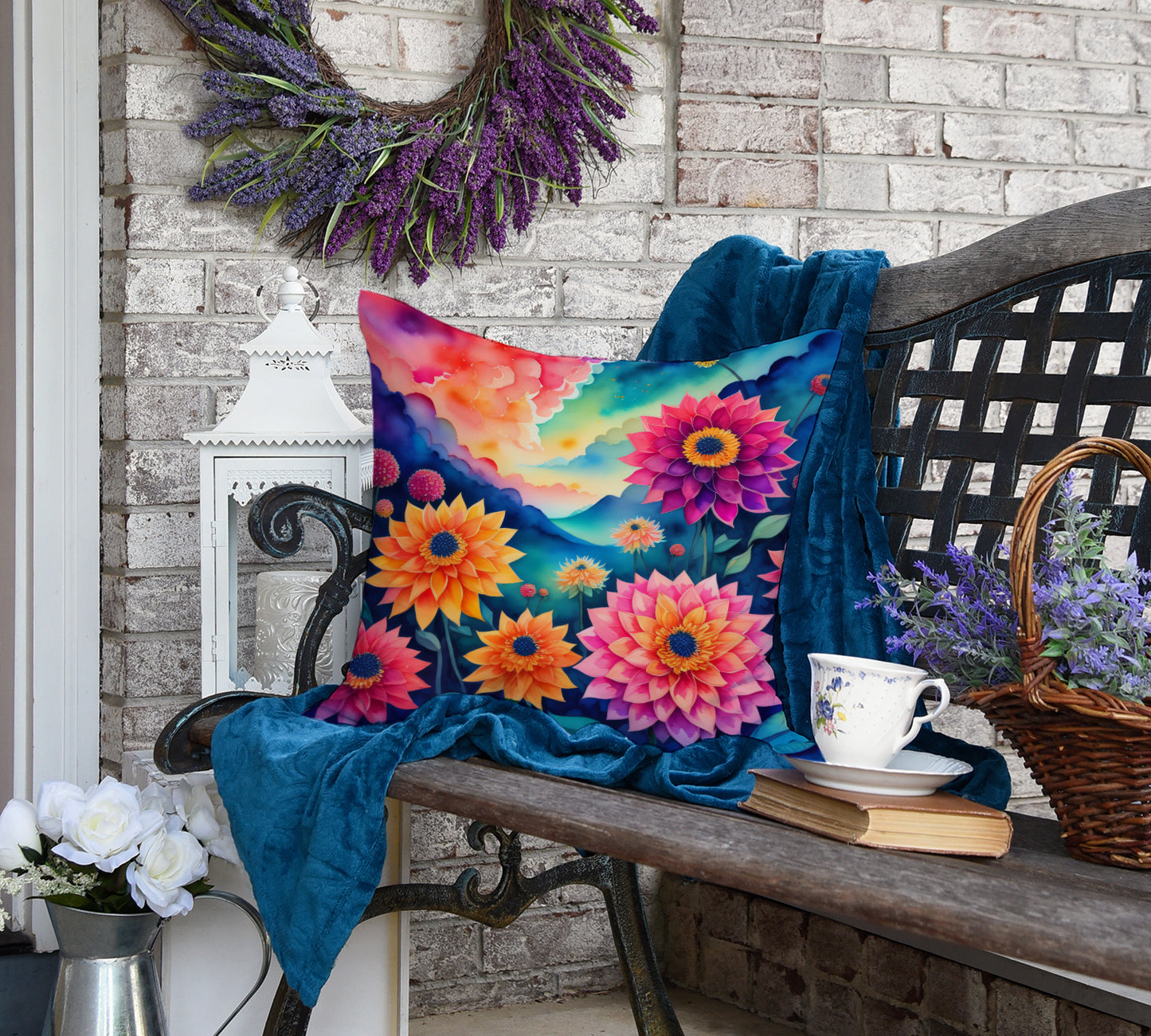 Colorful Dahlias Throw Pillow