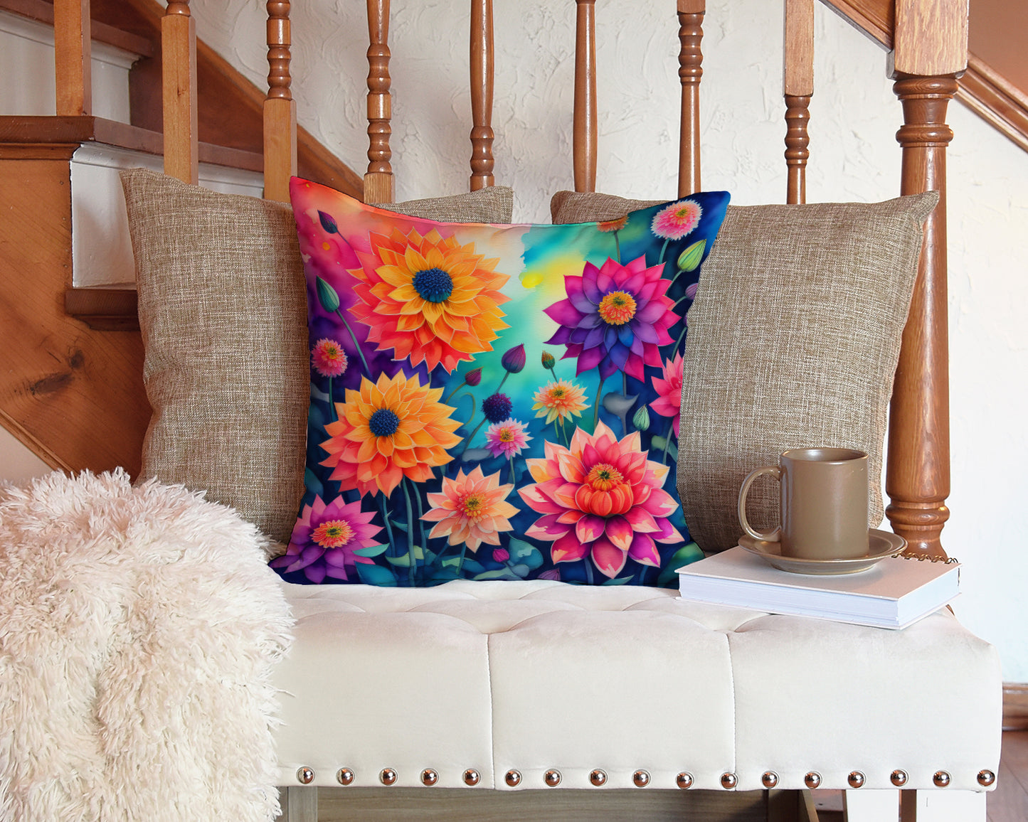 Colorful Dahlias Throw Pillow