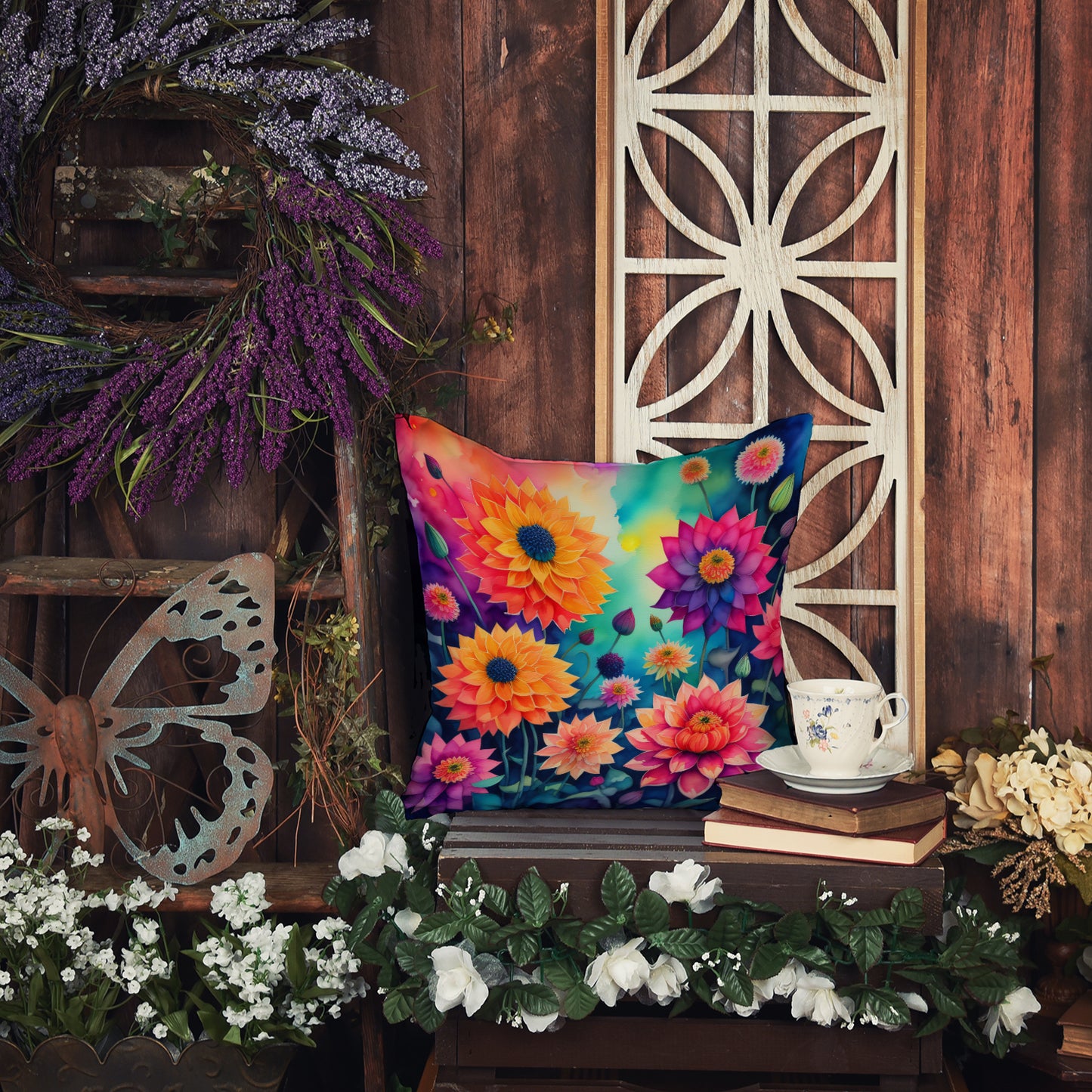 Colorful Dahlias Throw Pillow