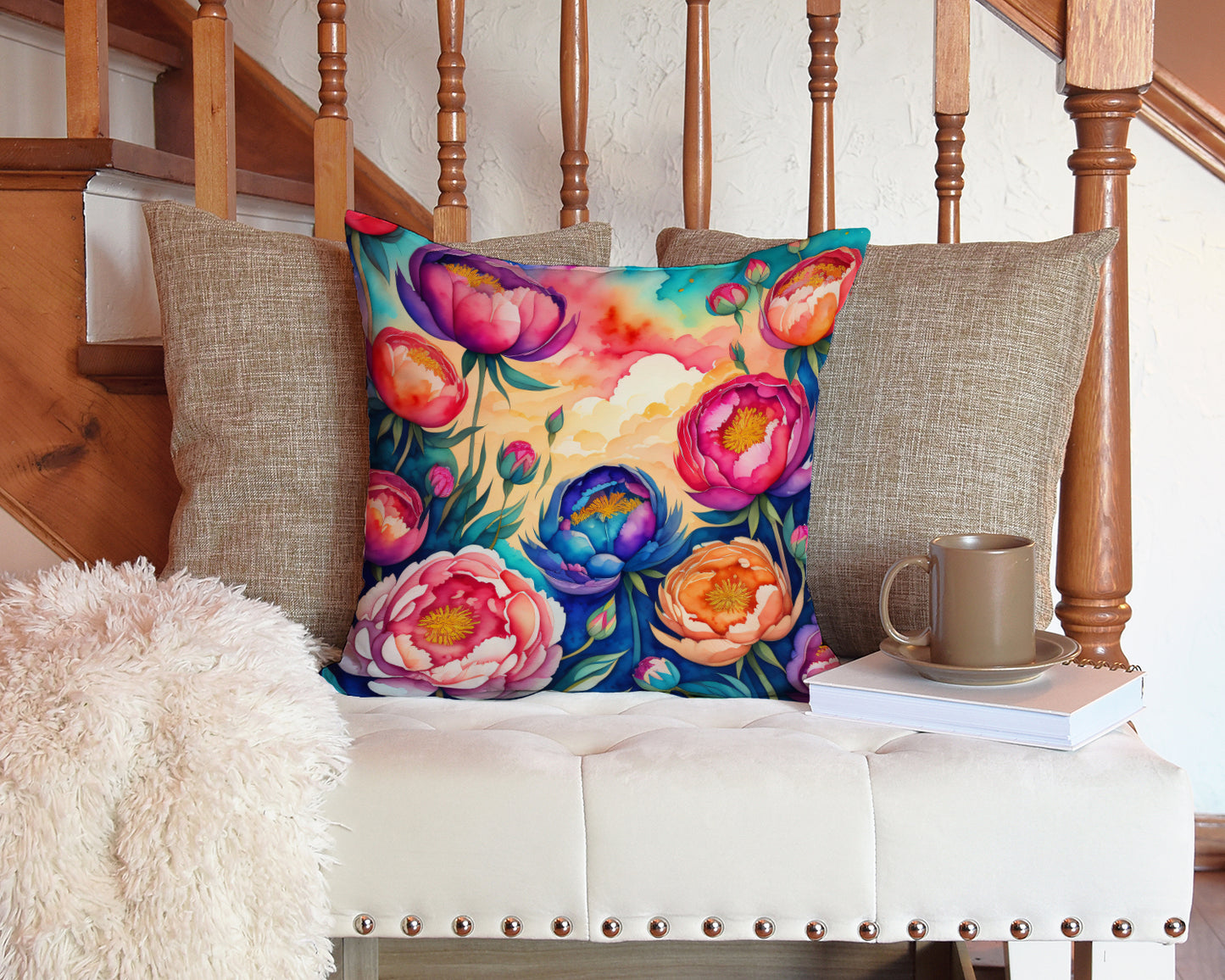 Colorful Peonies Throw Pillow