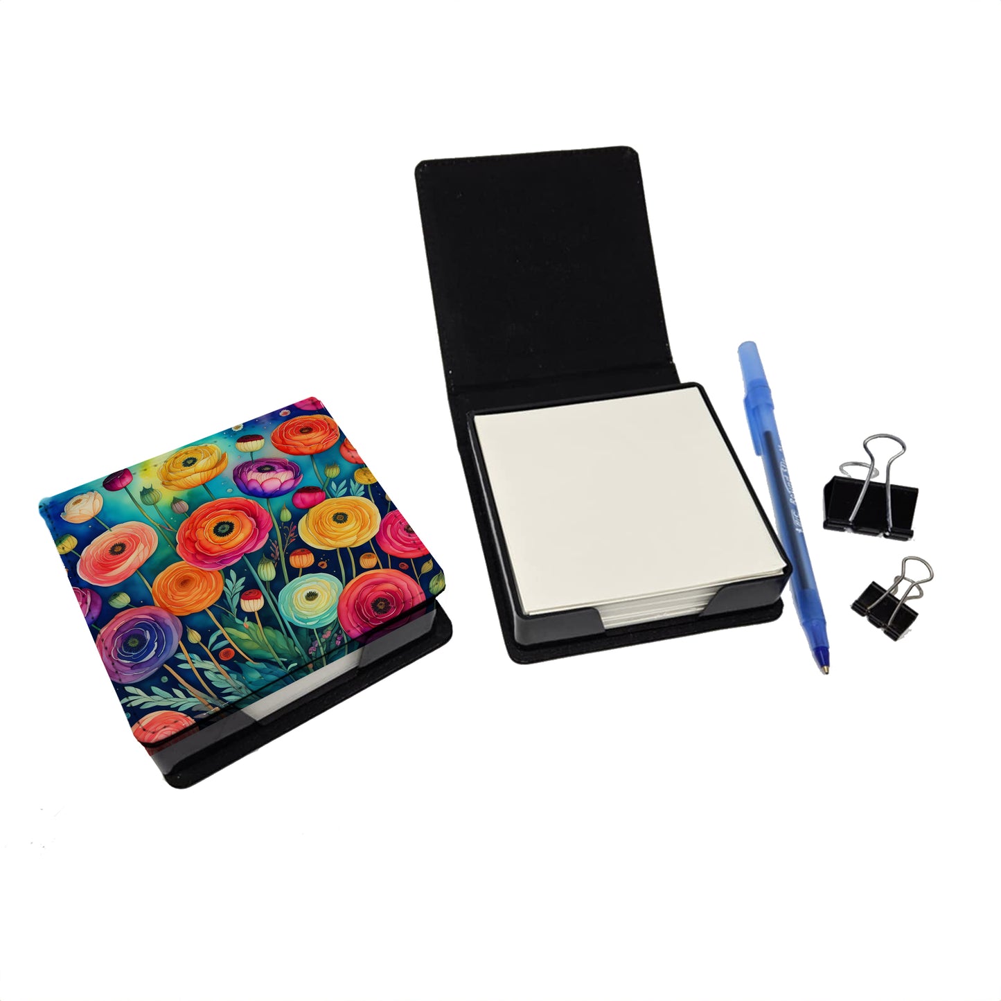 Colorful Ranunculus PU Leather Note Paper Holder