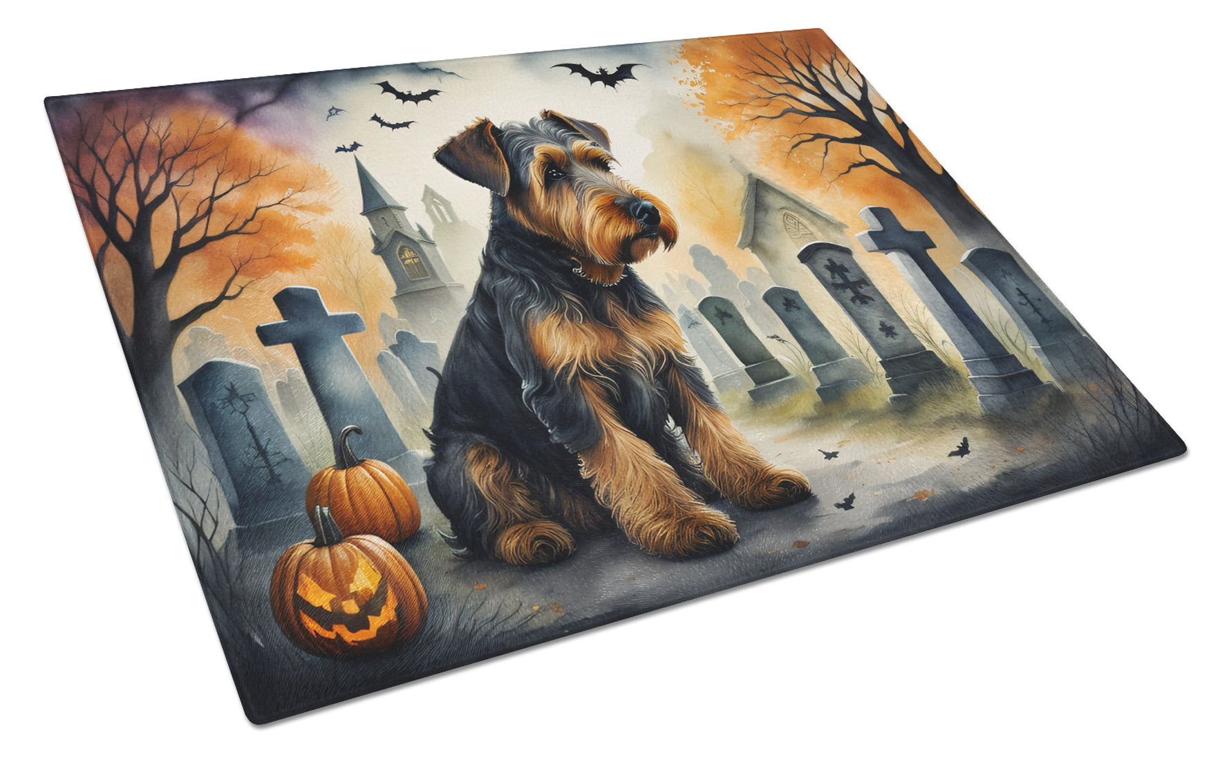 Buy this Airedale Terrier Spooky Halloween Glass Cutting Board