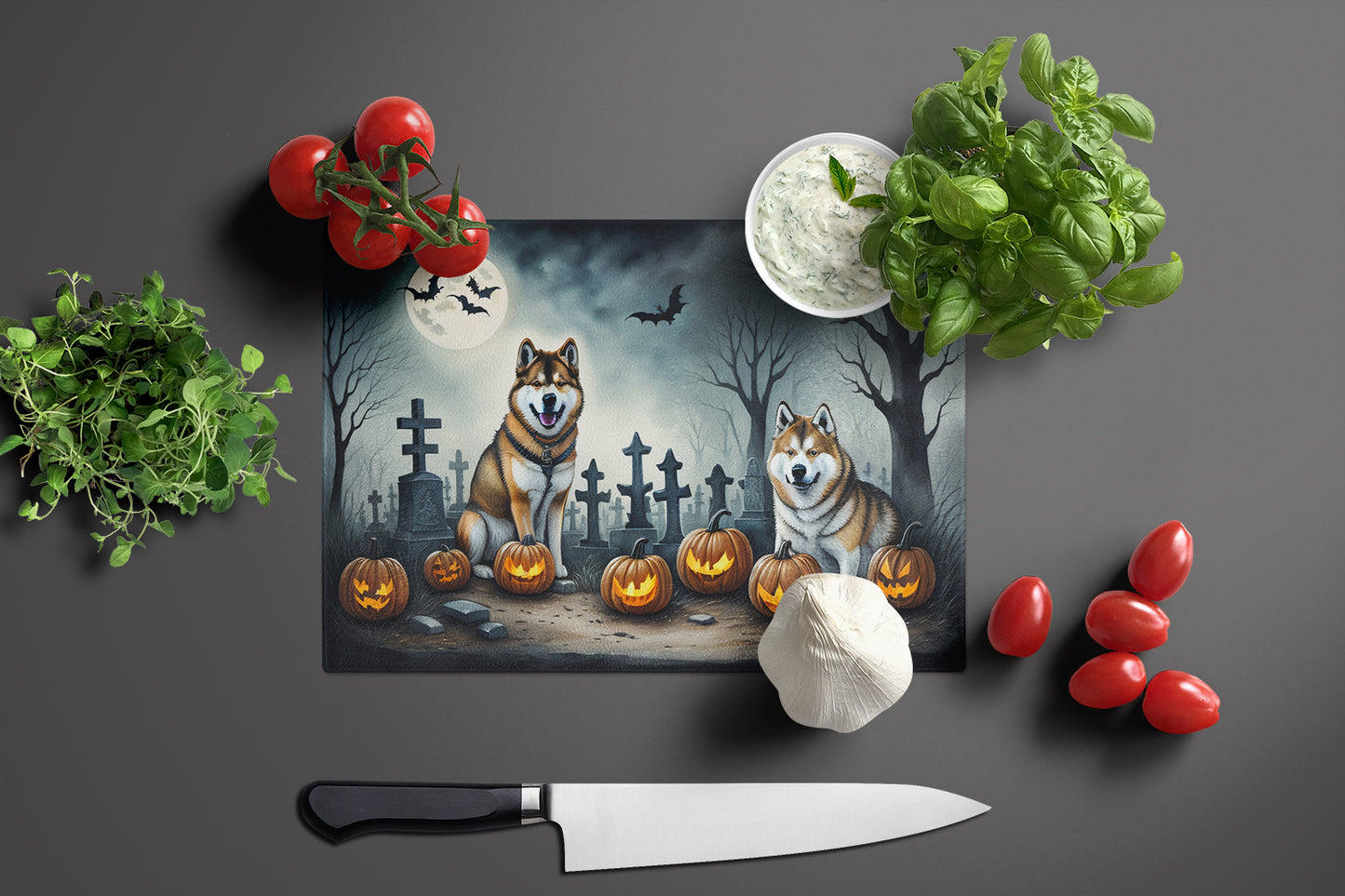 Akita Spooky Halloween Glass Cutting Board