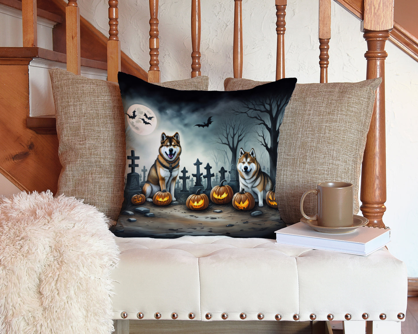 Akita Spooky Halloween Throw Pillow