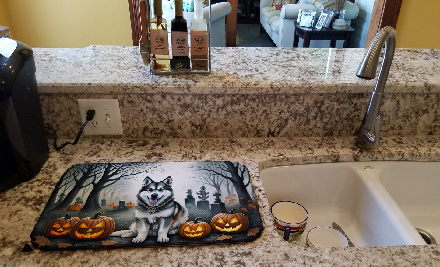 Alaskan Malamute Spooky Halloween Dish Drying Mat