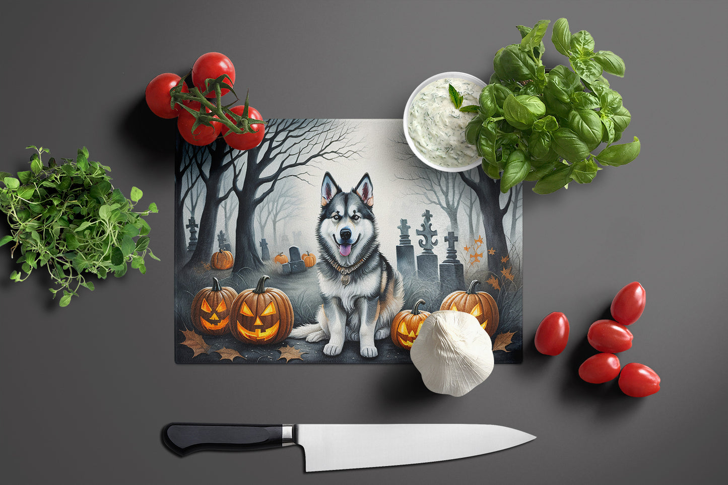 Alaskan Malamute Spooky Halloween Glass Cutting Board