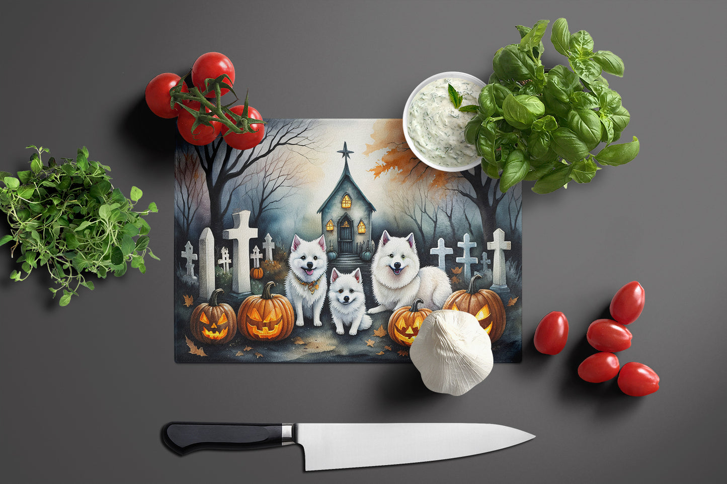 American Eskimo Spooky Halloween Glass Cutting Board