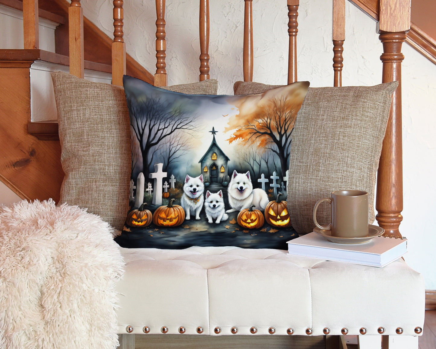 American Eskimo Spooky Halloween Throw Pillow