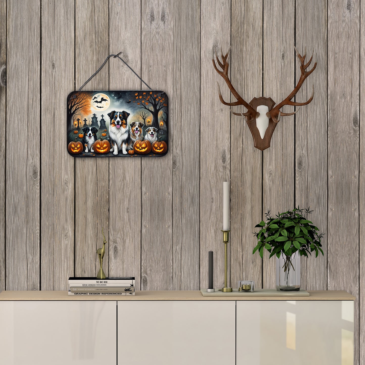 Australian Shepherd Spooky Halloween Wall or Door Hanging Prints