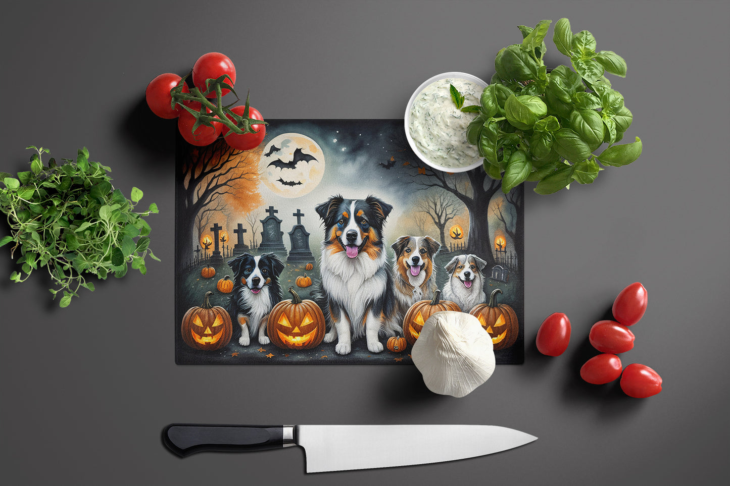 Australian Shepherd Spooky Halloween Glass Cutting Board