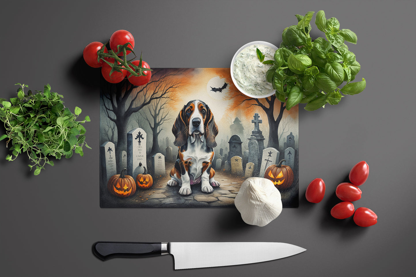 Basset Hound Spooky Halloween Glass Cutting Board