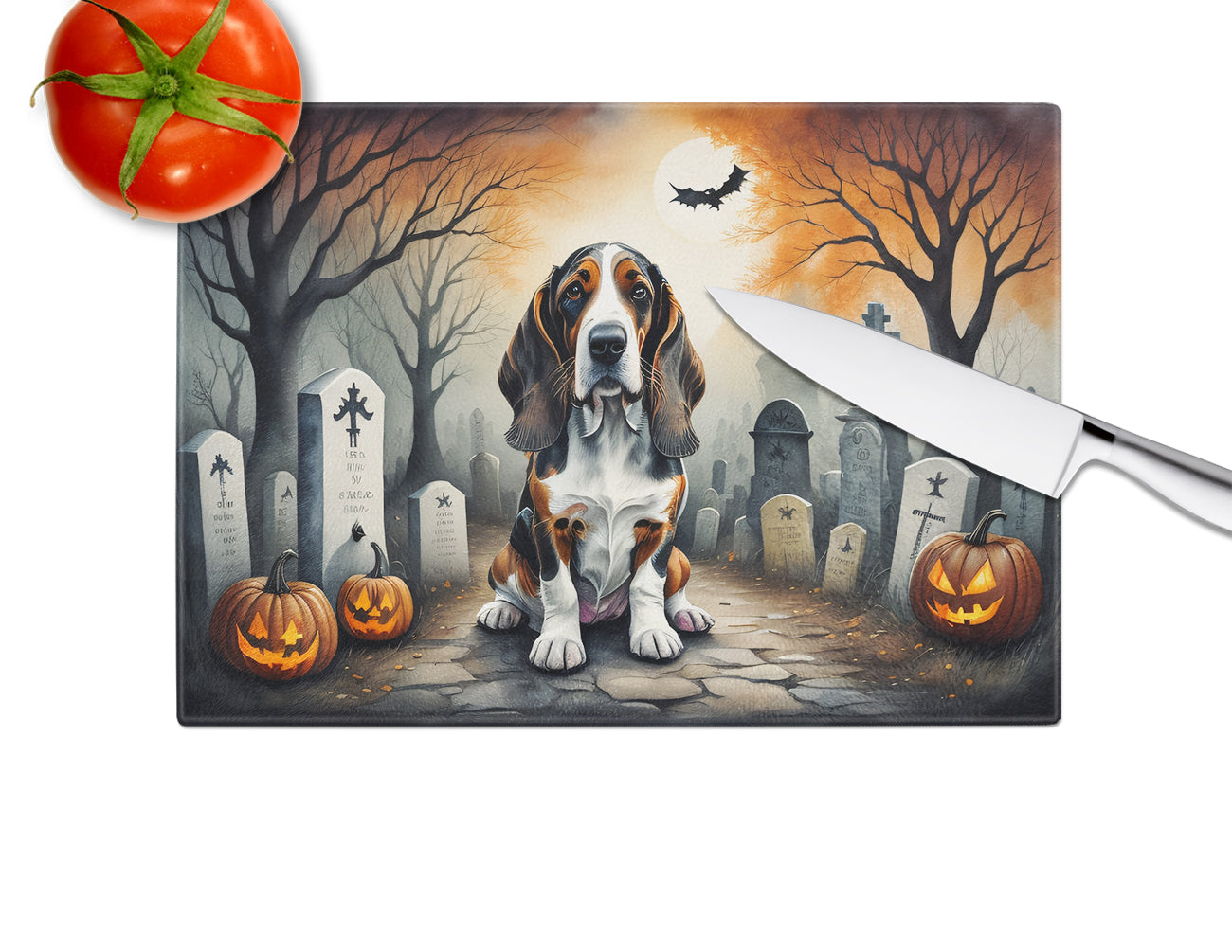 Basset Hound Spooky Halloween Glass Cutting Board