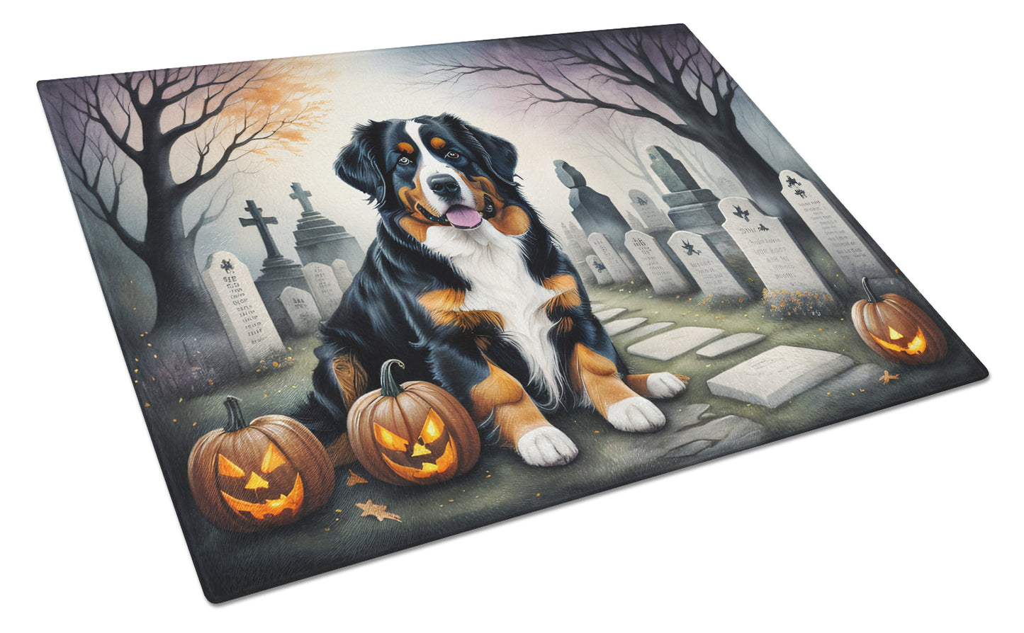 Buy this Bernese Mountain Dog Spooky Halloween Glass Cutting Board