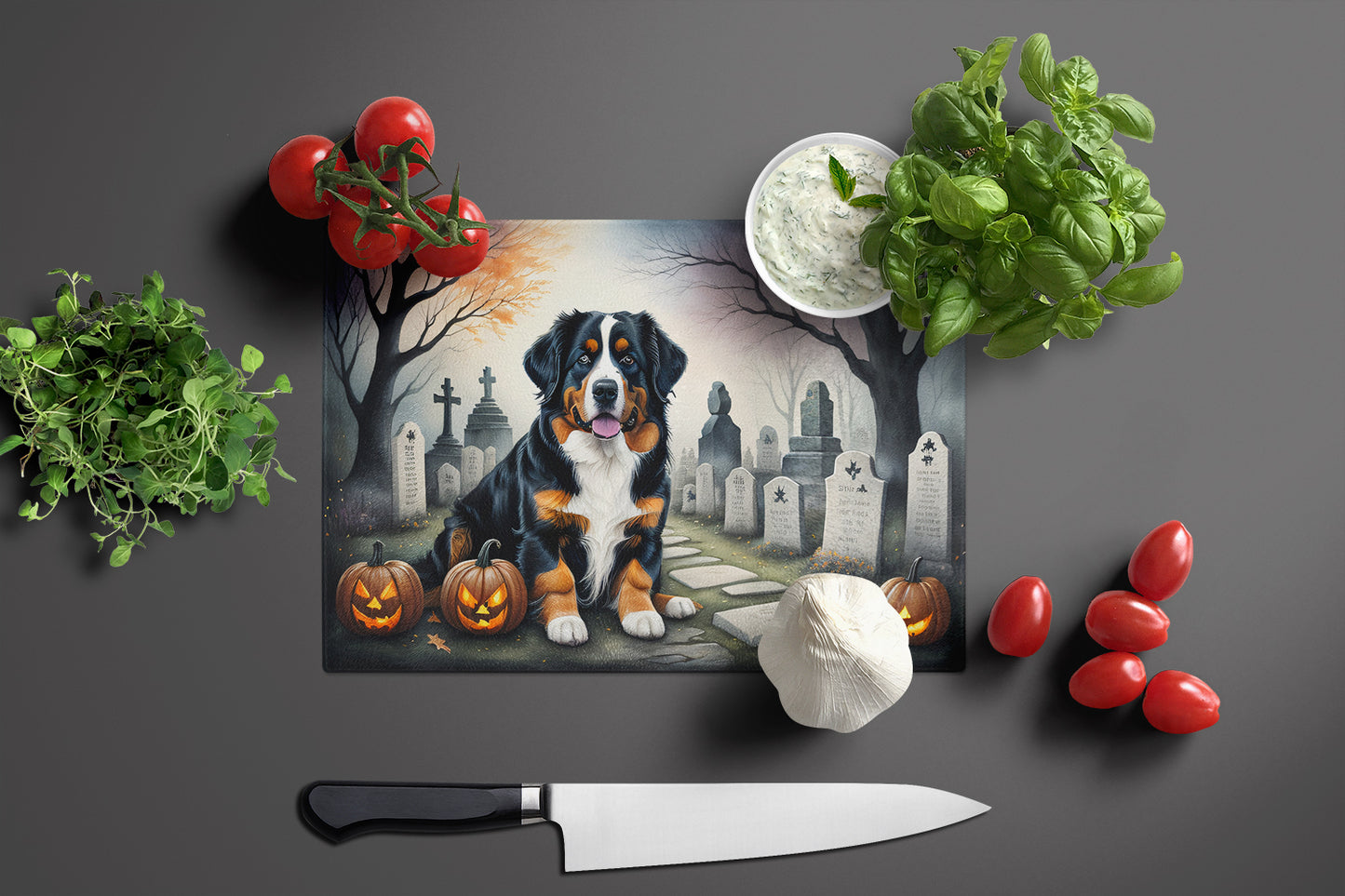 Bernese Mountain Dog Spooky Halloween Glass Cutting Board