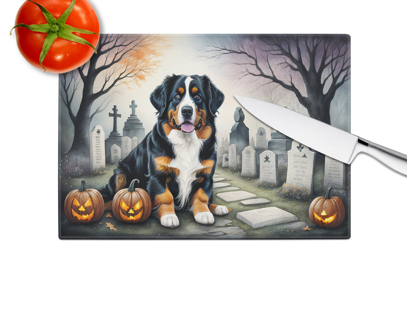 Bernese Mountain Dog Spooky Halloween Glass Cutting Board