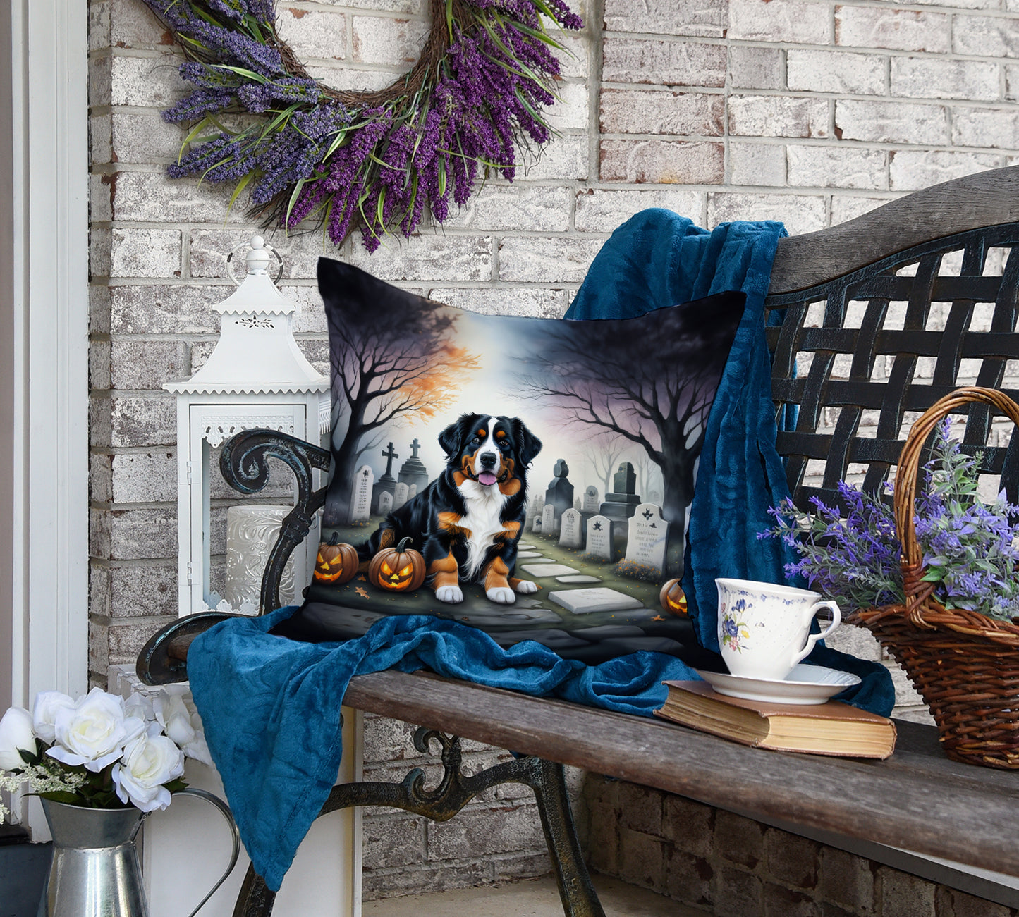 Bernese Mountain Dog Spooky Halloween Throw Pillow